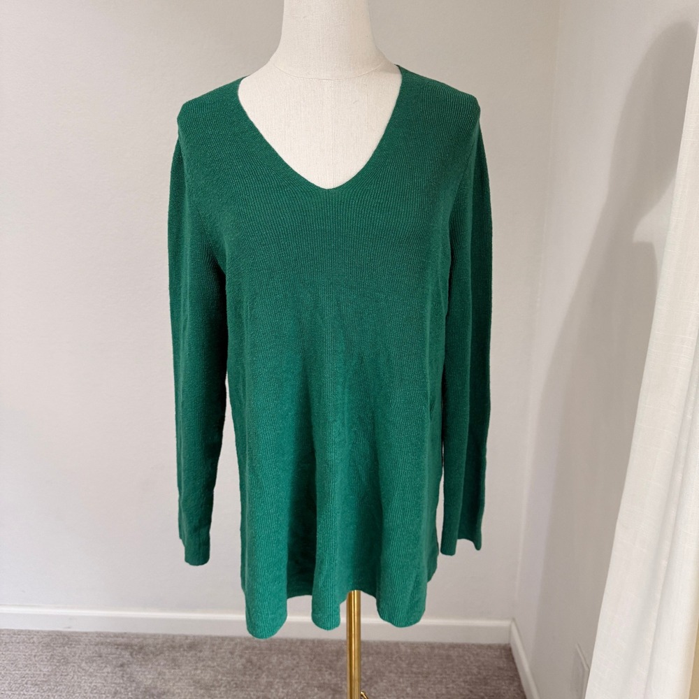 Eileen‎ Fisher Linen V-Neck Knit Sweater Kelly Green Petite Medium Color Vibrant